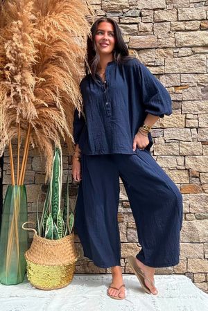 Annie Cushion Cotton Barrel Culotte Pant Navy